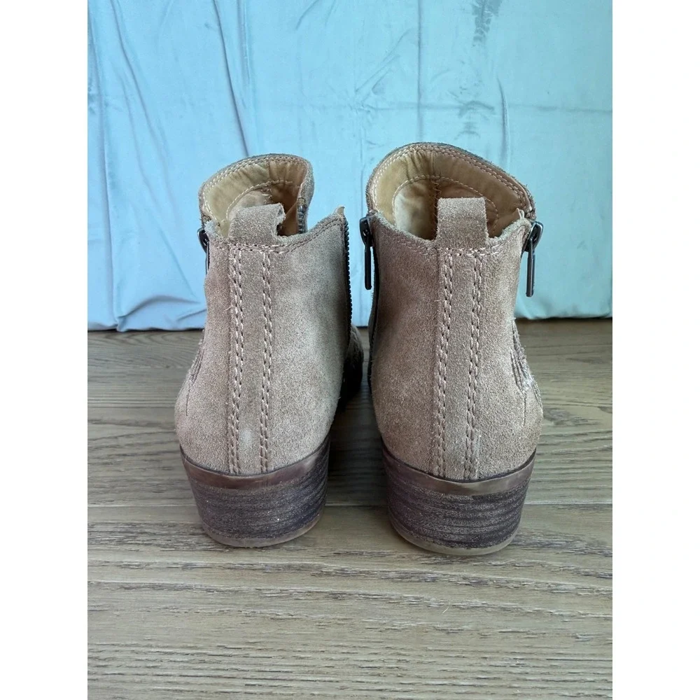 Lucky Brand Ankle Boots Women Tan Suede Leather Floral Embroidered Boho 8.5M